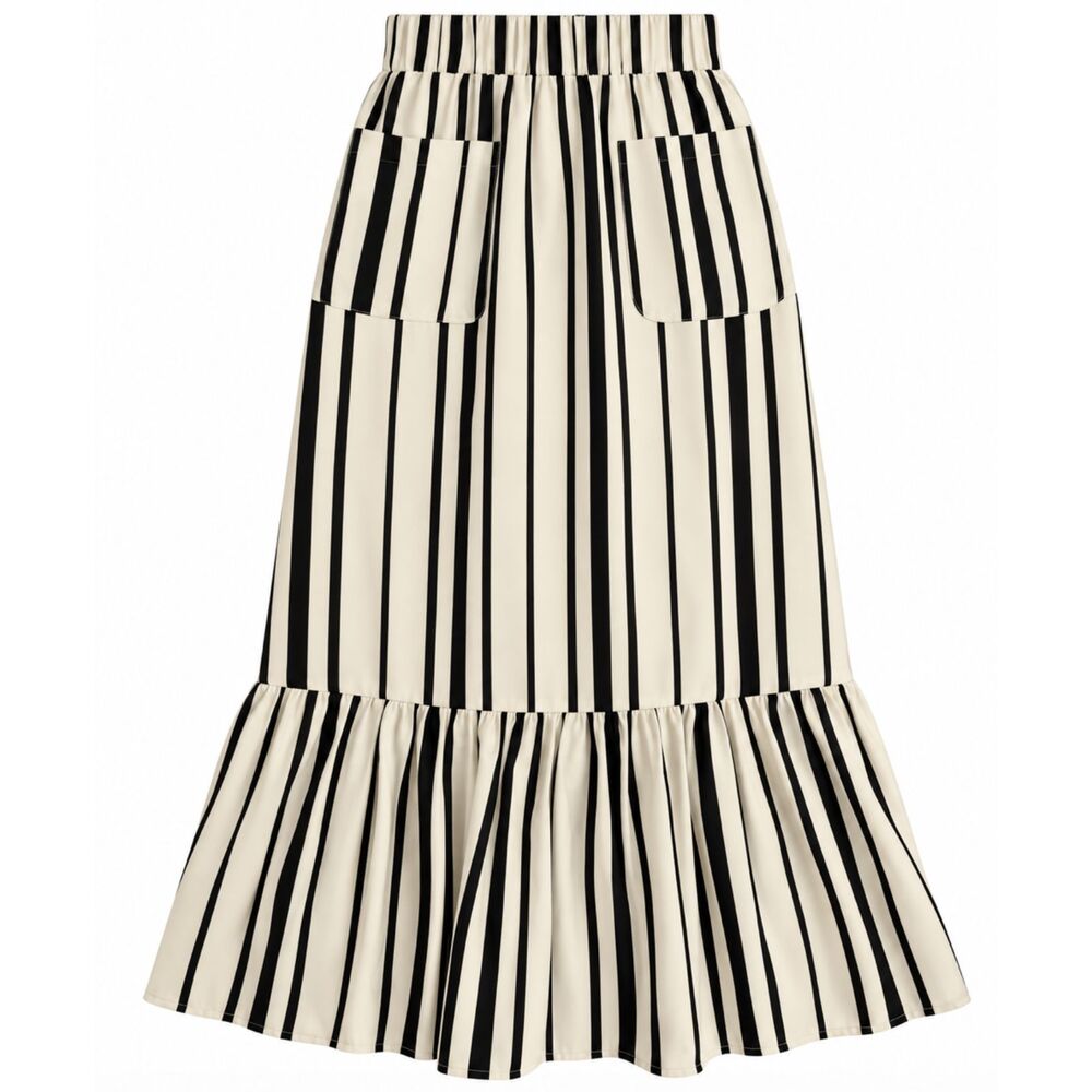 No.6 Store Black Ivory Striped 100% Silk Ruffle Skirt